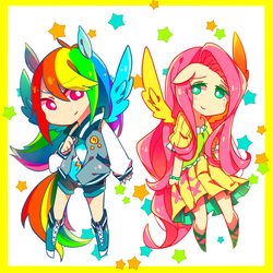 Size: 650x650 | Tagged: safe, artist:tsukimei99, fluttershy, rainbow dash, human, g4, blushing, clothes, dress, duo, eared humanization, female, humanized, pixiv, tailed humanization, winged humanization