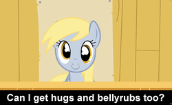 Size: 1600x973 | Tagged: safe, derpy hooves, pegasus, pony, g4, bellyrubs, bronybait, caption, cs captions, cute, derpabetes, female, hug request, hugs needed, looking at you, mare, smiling, solo