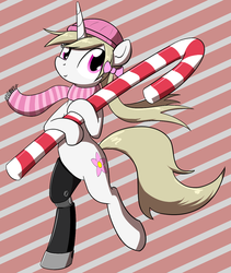 Size: 1119x1326 | Tagged: safe, artist:whatsapokemon, oc, oc only, oc:cherry blossom, pony, unicorn, beanie, candy cane, clothes, congenital amputee, hat, prosthetic limb, prosthetics, scarf, solo