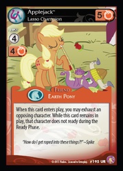 Size: 360x503 | Tagged: safe, enterplay, applejack, spike, absolute discord, g4, my little pony collectible card game, card, ccg, helmet, horned helmet, lasso, unsexy bondage, viking helmet