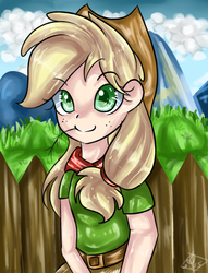 Size: 1024x1339 | Tagged: safe, artist:tamoqu, applejack, human, g4, bandana, clothes, female, humanized, solo, straw