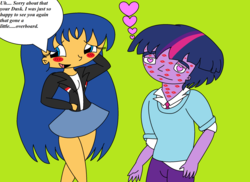 Size: 2338x1700 | Tagged: safe, artist:t-mack56, flash sentry, twilight sparkle, equestria girls, g4, 1000 hours in ms paint, covered in kisses, dialogue, dusk shine, equestria guys, female, flare warden, green background, heart eyes, kiss mark, male, ms paint, rule 63, ship:duskflare, ship:flashlight, shipping, simple background, straight, wingding eyes