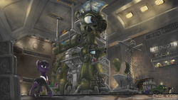 Size: 1920x1080 | Tagged: safe, artist:eriadu, oc, oc only, oc:motor runner, earth pony, pony, fallout equestria, fallout equestria: broken steel, broken steel, detailed, giant robot, hangar, krogoth, mecha, ministry of wartime technology, total annihilation