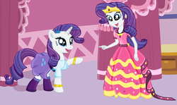 Size: 2299x1369 | Tagged: safe, artist:majkashinoda626, rarity, human, equestria girls, g4, boots, clothes, clothes swap, dress, gala dress, human ponidox, skirt, square crossover