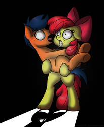 Size: 2382x2900 | Tagged: safe, artist:drako1997, apple bloom, first base, earth pony, pony, g4, bipedal, bloombase, duo, female, floppy ears, high res, male, scared, shipping, shrunken pupils, straight