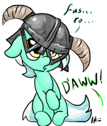 Size: 600x700 | Tagged: safe, artist:kinkiepinkiepie, lyra heartstrings, pony, unicorn, g4, cute, female, floppy ears, fus-ro-dah, helmet, horned helmet, lyrabetes, mare, raised hoof, skyrim, solo, the elder scrolls