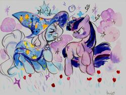 Size: 4619x3484 | Tagged: safe, artist:donella, trixie, twilight sparkle, pony, unicorn, g4, female, mare, solo, traditional art, watercolor painting