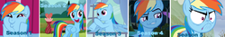 Size: 2074x344 | Tagged: safe, edit, edited screencap, screencap, rainbow dash, pegasus, pony, applebuck season, daring don't, g4, may the best pet win, season 1, season 2, season 3, season 4, season 5, spike at your service, tanks for the memories, caption, do i look angry, faic, female, mare, rainbow dash is best facemaker, scrunchbow dash, smugdash, so awesome, text