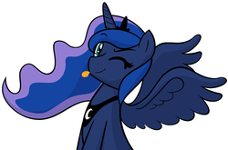 Size: 1551x1022 | Tagged: safe, artist:furrgroup, princess luna, alicorn, pony, g4, :p, cute, female, looking at you, mare, simple background, sitting, smiling, solo, spread wings, tongue out, white background, wink
