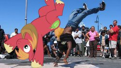 Size: 1280x720 | Tagged: safe, big macintosh, human, g4, breakdancing, cheering, dancing, irl, irl human, photo, ponies in real life, upside down