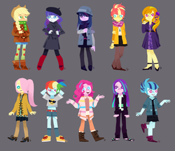 Size: 3700x3200 | Tagged: dead source, safe, artist:magneticskye, adagio dazzle, applejack, aria blaze, fluttershy, pinkie pie, rainbow dash, rarity, sonata dusk, sunset shimmer, twilight sparkle, equestria girls, g4, my little pony equestria girls: rainbow rocks, alternate clothes, alternate hairstyle, clothes, female, hat, high res, lineless, midriff, open mouth, simple background, sweater, sweatershy, teeth, the dazzlings, twilight sparkle (alicorn)