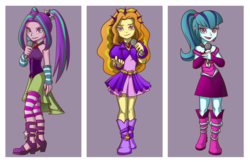Size: 1386x899 | Tagged: source needed, useless source url, safe, artist:gabbslines, adagio dazzle, aria blaze, sonata dusk, equestria girls, g4, my little pony equestria girls: rainbow rocks, bare shoulders, clothes, dress, looking at you, microphone, singing, sleeveless, the dazzlings