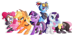 Size: 3046x1508 | Tagged: dead source, safe, artist:drawntildawn, applejack, fluttershy, pinkie pie, rainbow dash, rarity, twilight sparkle, alicorn, earth pony, pegasus, pony, unicorn, g4, the cutie map, amputee, armor, assassin, borderlands, borderlands 2, crazy eyes, crossover, crouching, evil smile, female, fighting stance, gaige, goggles, grin, krieg, mane six, mare, mask, maya, power armor, simple background, smiling, transparent background, twilight sparkle (alicorn), watermark, zer0