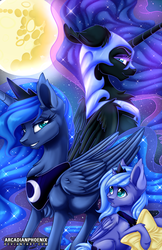 Size: 1024x1583 | Tagged: dead source, safe, artist:arcadianphoenix, nightmare moon, princess luna, alicorn, pony, g4, female, filly, looking at you, lunar trinity, mare, mare in the moon, moon, s1 luna, smiling, woona