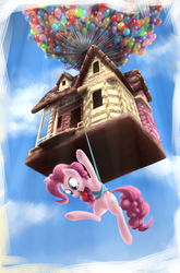 Size: 1370x2080 | Tagged: safe, artist:baitoubaozou, pinkie pie, earth pony, pony, g4, balloon, crossover, female, gingerbread house, house, looking down, sky, solo, suspended, then watch her balloons lift her up to the sky, up