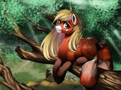 Size: 1024x759 | Tagged: safe, artist:santagiera, oc, oc only, pony, ear fluff, female, forest, heart, looking at you, mare, outdoors, prone, smiling, tree, tree branch