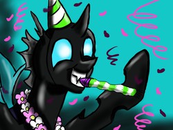 Size: 1024x768 | Tagged: safe, artist:silver-mane1, changeling, confetti, hat, noisemaker, party hat, smiling, solo