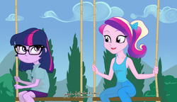 Size: 1280x738 | Tagged: safe, artist:yunyin, princess cadance, sci-twi, twilight sparkle, a canterlot wedding, equestria girls, g4, adorkable, clothes, cute, dork, duo, equestria girls interpretation, equestria girls-ified, glasses, scene interpretation, sisters-in-law, swing, tank top, teen princess cadance, twiabetes, younger