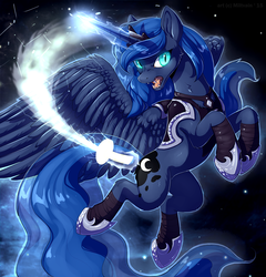 Size: 961x1001 | Tagged: safe, artist:hioshiru, princess luna, alicorn, pony, g4, fangs, female, glowing, glowing horn, horn, large wings, long tail, magic, nightmare luna, open mouth, sharp teeth, slender, slit pupils, solo, spread wings, sword, tail, teeth, thin, warrior luna, weapon, wings