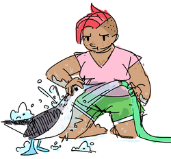 Size: 697x646 | Tagged: safe, artist:nobody, babs seed, bird, booby, human, g4, :t, barefoot, bath, clothes, feet, female, frown, hose, humanized, kneeling, pun, shorts, solo, unamused, undercut, visual pun, washing, water