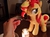 Size: 2409x1779 | Tagged: safe, artist:onlyfactory, sunset shimmer, pony, unicorn, g4, bootleg, brony, brownie, candle, dessert, feeding, irl, photo, plushie, waifu dinner