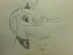 Size: 960x720 | Tagged: artist needed, safe, princess luna, g4, boop, female, monochrome, scrunchy face, sock puppet, solo, traditional art