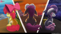 Size: 1300x728 | Tagged: safe, artist:clouddg, apple bloom, scootaloo, sweetie belle, earth pony, pegasus, pony, unicorn, bloom & gloom, g4, cutie mark crusaders, eyes closed, floppy ears, scootacook, trio, triptych