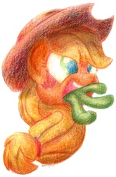 Size: 1051x1595 | Tagged: safe, artist:aemuhn, applejack, monster pony, original species, tatzlpony, g4, colored pencil drawing, female, solo, tatzljack, tentacle tongue, tongue out, traditional art
