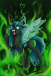 Size: 730x1095 | Tagged: safe, artist:endrome, queen chrysalis, changeling, changeling queen, g4, crown, fangs, female, fire, green fire, jewelry, regalia, solo