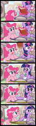 Size: 700x2384 | Tagged: safe, artist:1trick, pinkie pie, twilight sparkle, alicorn, earth pony, pony, g4, bipolar, bisexual, book, comic, cup, dialogue, drinking, eyes closed, female, funny background event, magic, mare, mental illness, misunderstanding, necronomicon, open mouth, shocked, shocked expression, stupidity, subtitles, table, telekinesis, twilight sparkle (alicorn)