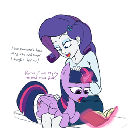 Size: 1000x1000 | Tagged: safe, artist:aa, rarity, twilight sparkle, equestria girls, g4, book, cute, dialogue, funny, magic, petting, reading, telekinesis