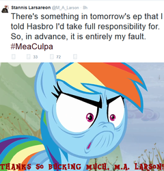 Size: 524x545 | Tagged: safe, screencap, rainbow dash, g4, tanks for the memories, angry, do i look angry, meme, meta, text, thanks m.a. larson, twitter, winter is coming