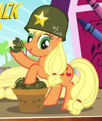 Size: 278x331 | Tagged: safe, artist:facelessjr, edit, applejack, friendship is witchcraft, how applejack won the war, g4, basket, coloring book, grenade, helmet