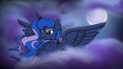 Size: 1920x1080 | Tagged: safe, artist:bratzoid, princess luna, g4, cloud, cloudy, female, moon, prone, solo, spread wings