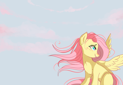 Size: 1280x884 | Tagged: safe, artist:catzino, fluttershy, g4, blushing, heart, heart eyes, sky, smiling, wingding eyes