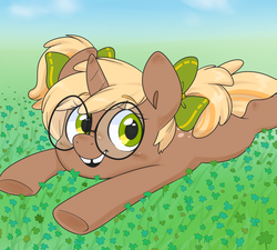 Size: 1280x1150 | Tagged: artist needed, source needed, safe, oc, oc only, oc:copper chip, babscon, babscon mascots, clover, gap teeth, glasses, prone, ribbon