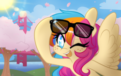 Size: 1000x629 | Tagged: safe, artist:lolopan, oc, oc only, oc:golden gates, babscon, babscon mascots, solo, sunglasses