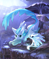 Size: 700x842 | Tagged: safe, artist:tomatocoup, oc, oc:patch, dracony, dragon, feathered dragon, hybrid, pony, cute, male, ori, ori and the blind forest, rain