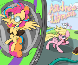 Size: 1000x833 | Tagged: safe, artist:lightningnickel, oc, oc only, oc:golden gates, butterfly, pegasus, pony, rabbit, andrea libman, babscon, babscon mascots, circling stars, dizzitron, dizzy