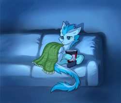Size: 700x594 | Tagged: safe, artist:tomatocoup, oc, oc only, oc:patch, dracony, dragon, feathered dragon, hybrid, pony, blanket, couch, movie night, remote control, snacks, solo