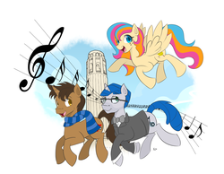 Size: 2871x2228 | Tagged: safe, oc, oc only, oc:daniel ingram, oc:golden gates, oc:steffan andrews, pegasus, pony, unicorn, babscon, babscon mascots, daniel ingram, flying, high res, music notes, steffan andrews