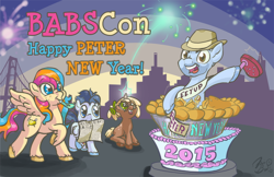 Size: 600x388 | Tagged: safe, artist:flavinbagel, oc, oc only, oc:copper chip, oc:golden gates, oc:silver span, babscon, babscon mascots, cake, eeyup, fireworks, new year, peter new