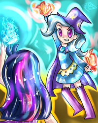 Size: 1024x1284 | Tagged: safe, artist:tamoqu, trixie, twilight sparkle, human, g4, magic duel, humanized