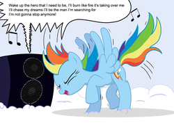 Size: 1132x800 | Tagged: safe, artist:bcrich40, edit, rainbow dash, g4, budokai 2, dancing, dragon ball, dragon ball z, jonathan young, lyle mcdouchebag, lyrics, music, rock (music), rock and roll, speaker