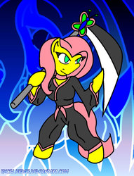 Size: 781x1022 | Tagged: safe, artist:excelhedge, fluttershy, anthro, g4, bipedal, bleach (manga), female, scythe, solo, weapon