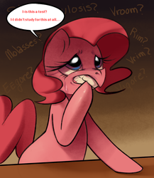 Size: 956x1102 | Tagged: dead source, safe, artist:dhui, pinkie pie, g4, female, nervous, solo, tired pie