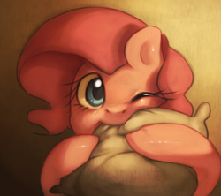 Size: 843x750 | Tagged: dead source, safe, artist:dhui, pinkie pie, g4, biting, female, pillow, solo, tired pie, wink