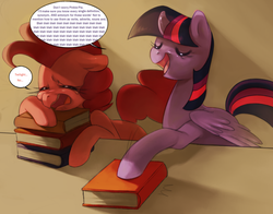 Size: 1280x1001 | Tagged: dead source, safe, artist:dhui, pinkie pie, twilight sparkle, alicorn, pony, g4, book, crying, female, mare, sad, teaching, thesaurus, tired pie, twilight sparkle (alicorn), vocabulary