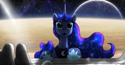 Size: 1500x782 | Tagged: safe, artist:foxi-5, princess luna, alicorn, human, pony, g4, :o, astronaut, curious, cute, derail in the comments, dilated pupils, eyes on the prize, female, first contact, hand, leaning, looking at you, luna and the nauts, lunabetes, mare, offscreen character, open mouth, planet, pov, reflection, space, spacecraft, spaceship, spacesuit, stars, wide eyes, window