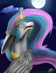 Size: 850x1100 | Tagged: safe, artist:bolt-the-human, princess celestia, g4, crying, female, looking up, mare in the moon, moon, solo